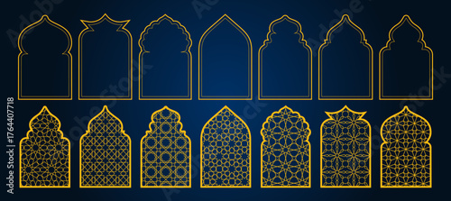 Ramadan ornament set with golden arch frames in various traditional styles. Islamic geometric patterns in decorative windows for holiday greeting cards and cultural event backgrounds on deep blue.