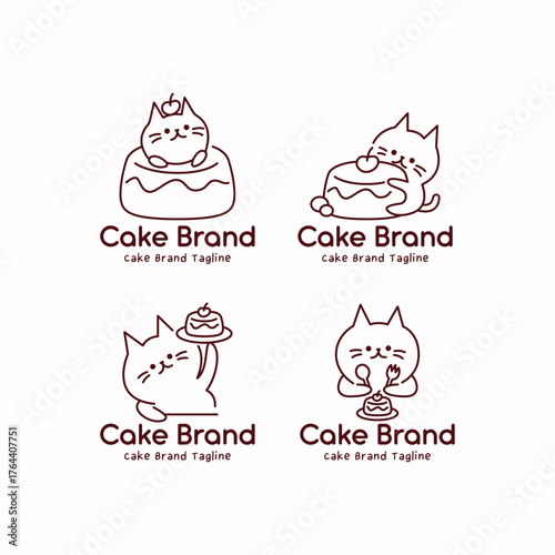 Charming cake logo set featuring cute cat mascots hugging cakes and sitting inside desserts. Brown monoline illustration for pastry shop branding and dessert identity.