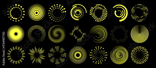 Dot radial ripple patterns in yellow on black bg - concentric circles with solid lines, dotted formations and ray bursts. Modern geometric collection for tech interfaces or abstract visualization.