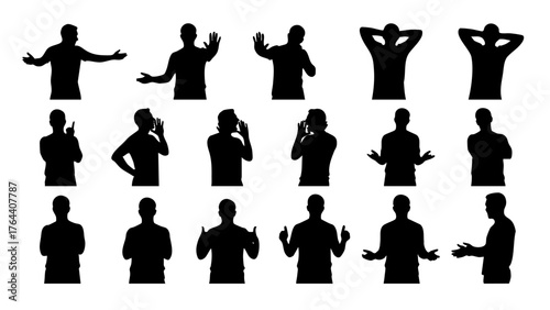 Vector graphic collection of a man's silhouette in multiple standing poses showing various body language and gestures
