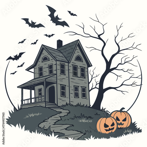 Halloween icon of a haunted house with pumpkins and bats. It appears to be a single icon.

