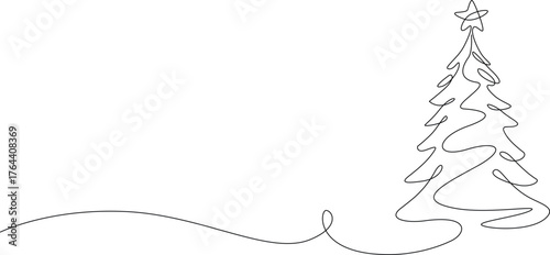 Christmas tree one line drawing. Merry Christmas decoration continuous line. Continuous line drawing of christmas tree with a star.