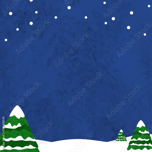 水彩の雪景色の背景フレームイラスト（夜の景色・四角・正方形）