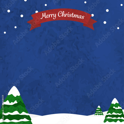 水彩の雪景色のクリスマス背景フレームイラスト（夜・メリークリスマス・四角・正方形）
