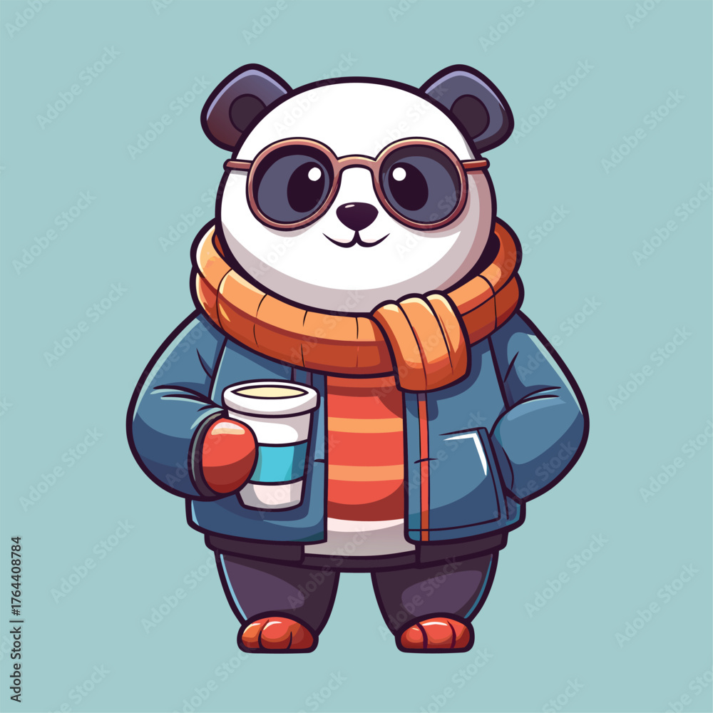 Naklejka premium Cozy Raccoon Enjoying a Warm Drink in Winter Attire