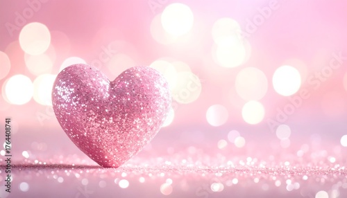 A sparkly pink heart lies on a reflective surface, with blurred, glowing orbs creating a dreamy, bokeh background