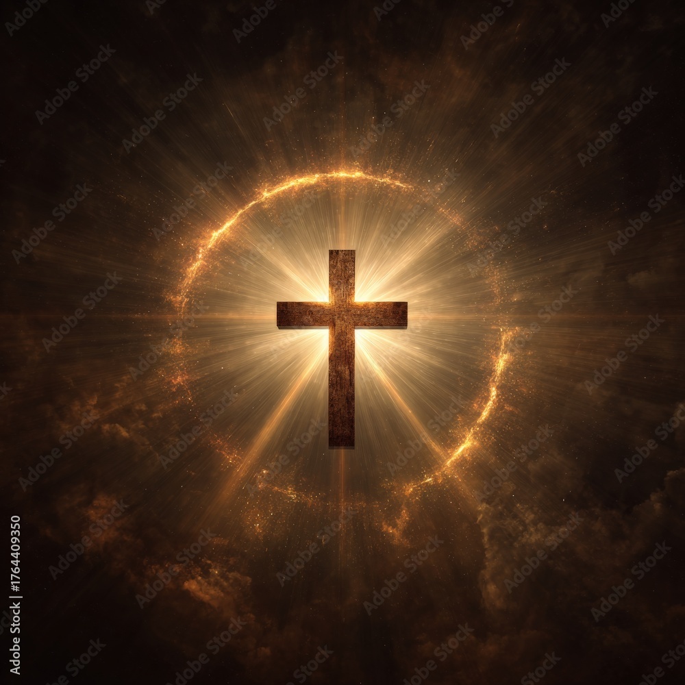 Fototapeta premium Cross surrounded by radiant light in a dramatic celestial background