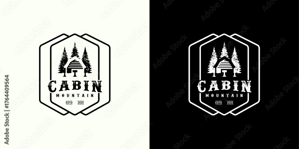 Obraz premium Rustic Mountain Cabin and Pine Trees Outdoor Adventure Badge Logo