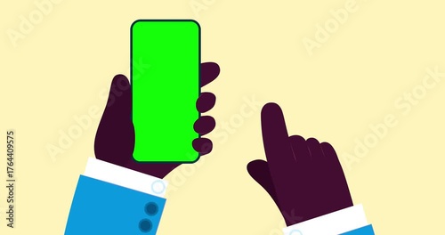 Dark skin moving hands scroll up down vertical phone transparent. Cartoon animated businessman moving character for finger scroll gsm phone isolated. Business explainer flat design people movie video.