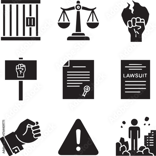 make a Scandal Consequence Icons. Solid, filled icon set of scandal consequences- jail cell, broken scales, protest sign, lawsuit document, warning sign, ruined, Block icon silhouette.