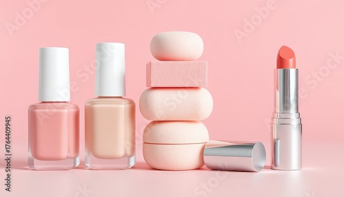 Soft pink arrangement showcasing makeup sponges, nail polish bottles, and a metallic lipstick tube on a pastel backdrop