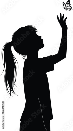 Silhouette of little girl reaching for butterfly, child innocence concept, black and white vector art, nature wonder, dreamy childhood moment, minimalist design, educational illustration, springtime 