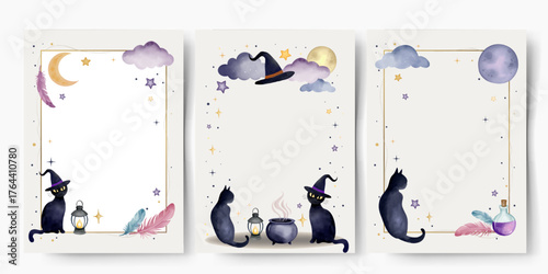 Watercolor halloween frames. Empty borders with cats, cauldrons, clouds and stars. Space for text