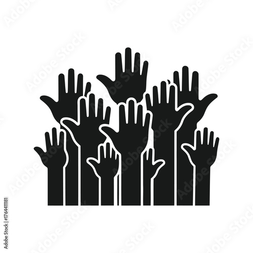 Diverse group of raised hands for voting community support and election participation concepts vector