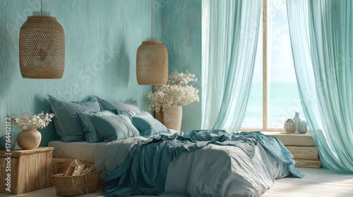 Cozy seaside bedroom with blue decor