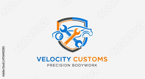 Automotive repair and customization logo for Velocity Customs featuring a shield, car silhouette, and crossed wrenches.