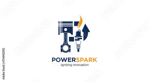 Power Spark Logo Design Featuring Engine Piston and Spark Plug Igniting Flame.
