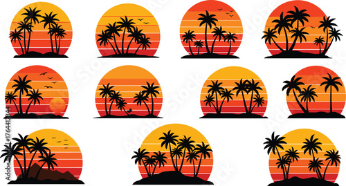 Tropical sunset icons, palm tree silhouettes, beach vector pack, summer vacation clipart, gradient sky design, travel logo elements