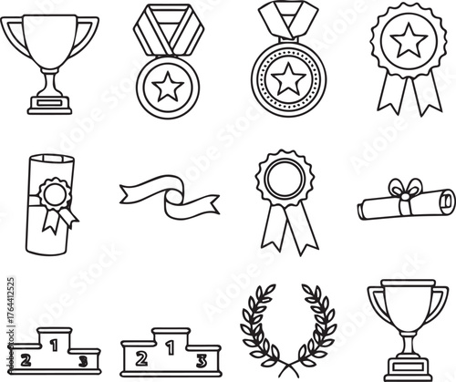 make a kinds of Different trophy, medal, star badge, ribbon, certificate, podium, laurel wreath, champion cup. Line icons in Block on white Background.