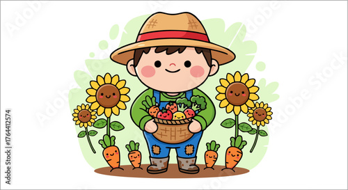Cute Farmer Boy Holding Basket of Fresh Fruits and Vegetables.