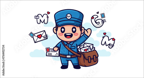 Cheerful cartoon postman character with a bag full of letters and envelopes.