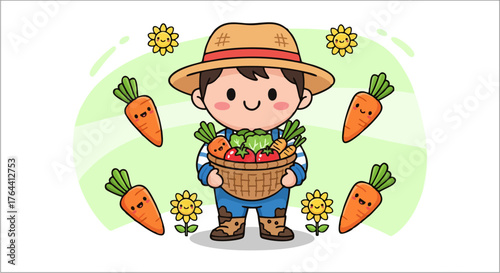 Adorable cartoon farmer character proudly holding a basket filled with fresh harvested vegetables.