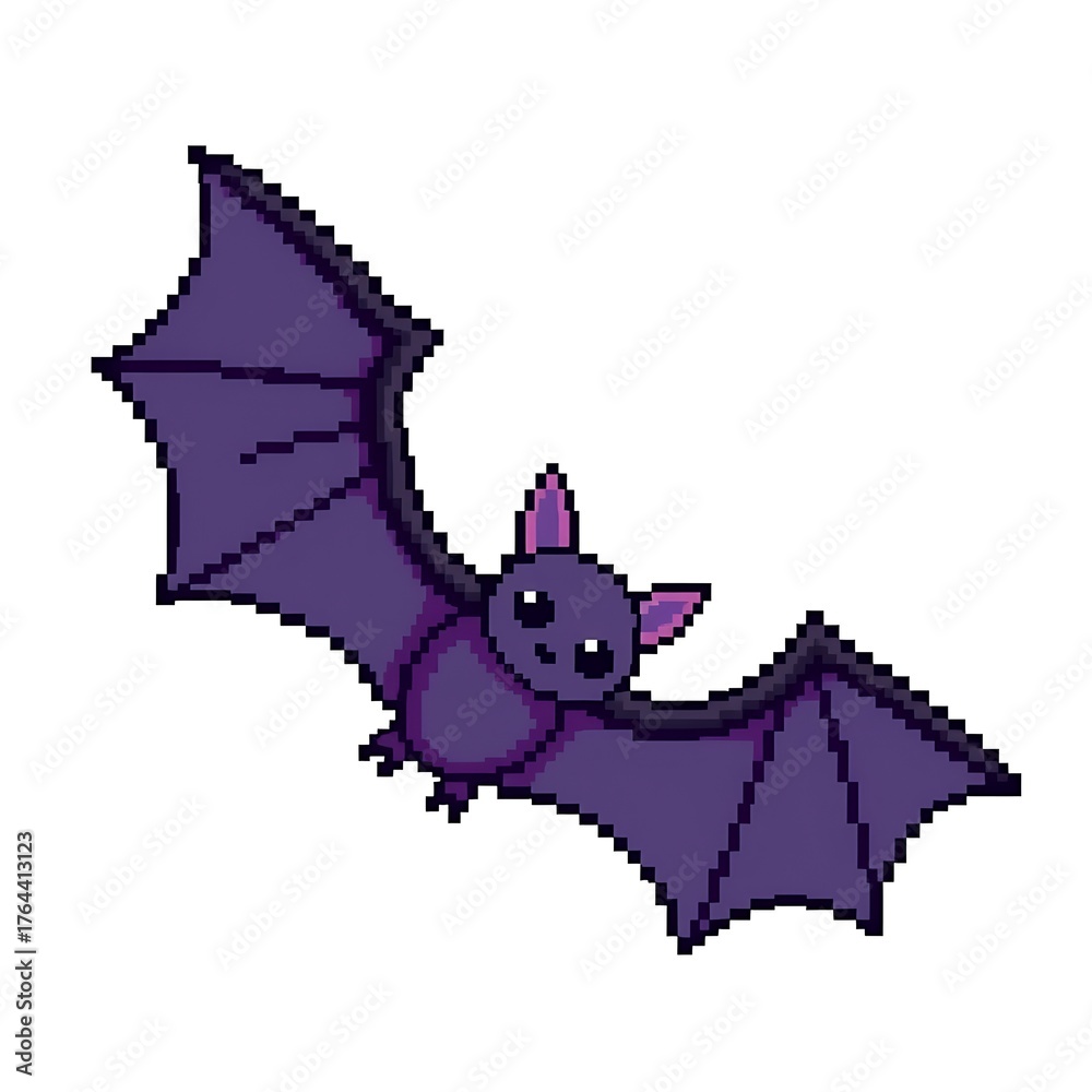 Fototapeta premium Pixelated illustration of a purple bat with outstretched wings, a cute and friendly cartoon character.