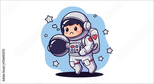 Cute Astronaut Character Holding Helmet in Space.