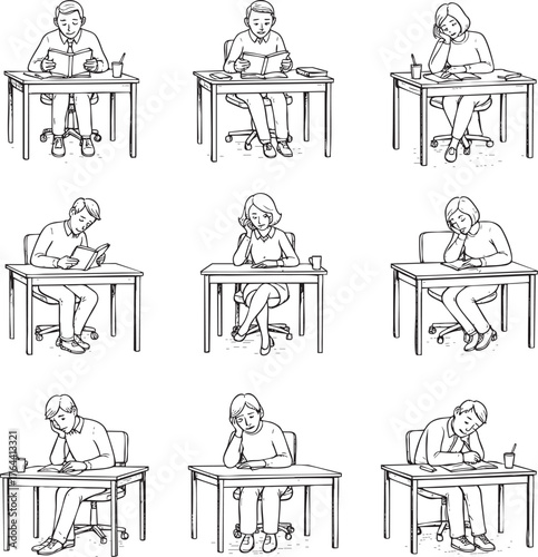 Monochrome sketch collection of diverse students reading writing and thinking at their school desks.