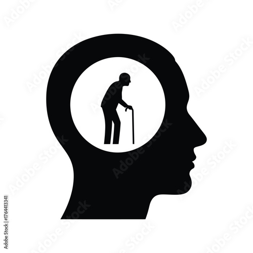 Elderly man silhouette within human head silhouette symbolizing memory aging wisdom thought concept vector