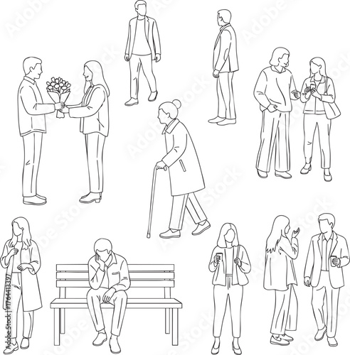 Set of black and white line art illustrations of diverse people in casual everyday poses.