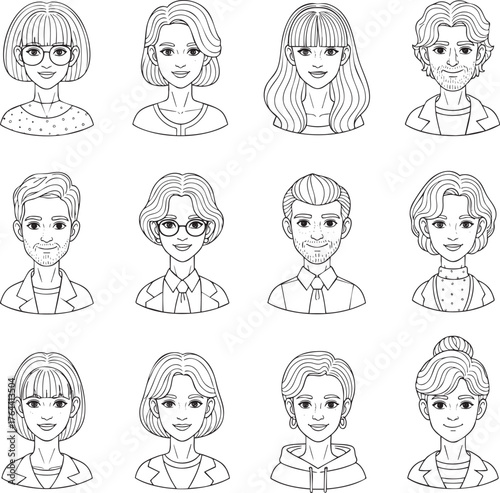 Set of diverse handdrawn character avatars black and white line art portraits of men and women.