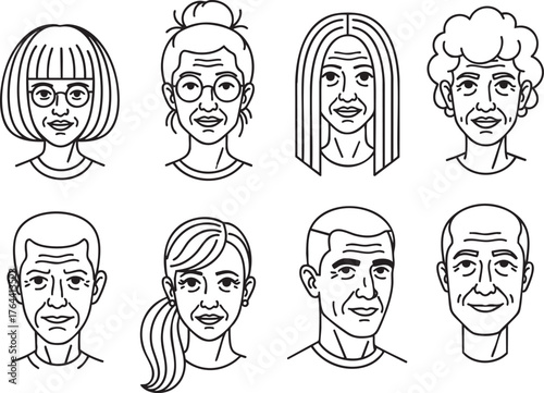 Set of diverse elderly people face icons Black and white line art illustrations of senior men and women with wrinkles and various hairstyles.