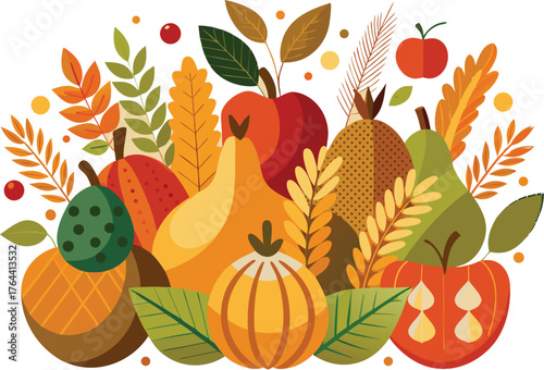 “Autumn Harvest Illustration – Vibrant Fall Fruits and Vegetables with Leaves, Pumpkins, Apples, and Mixed Produce in Gouache Botanical Digital Art”