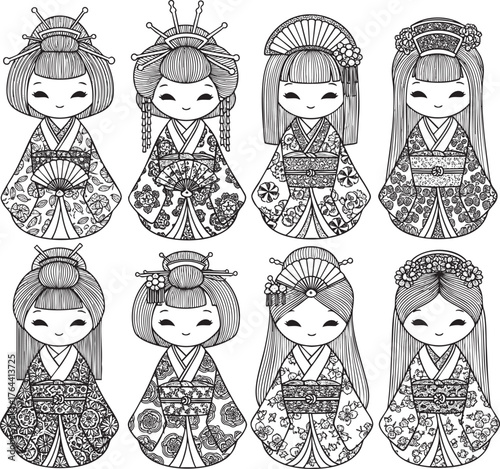 Set of Eight Black and White Kawaii Japanese Dolls in Traditional Kimonos and Hairstyles.
