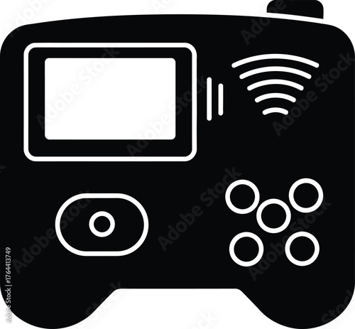 Modern portable digital device icon featuring a screen buttons and wireless connectivity symbol for technology and gadget concepts vector