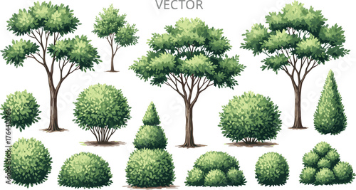Tree and bush vector set, green foliage illustration, landscape design elements, plant variety pack, garden trees, nature clipart, botanical art
