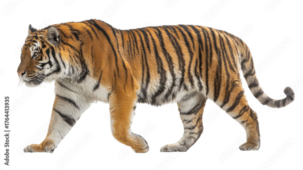 Obraz premium Wild tiger with orange fur black stripes and powerful stance symbolizing strength wilderness and natural predator beauty isolated on white background