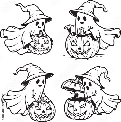 Set of four cute cartoon ghosts in witch hats interacting with carved Halloween jackolanterns.