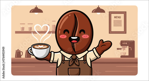 Happy coffee bean barista holding a cup of coffee with steam.