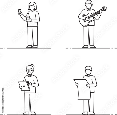 Set of four minimalist line art characters engaged in daily activities using a phone playing guitar on a tablet and reading a paper.