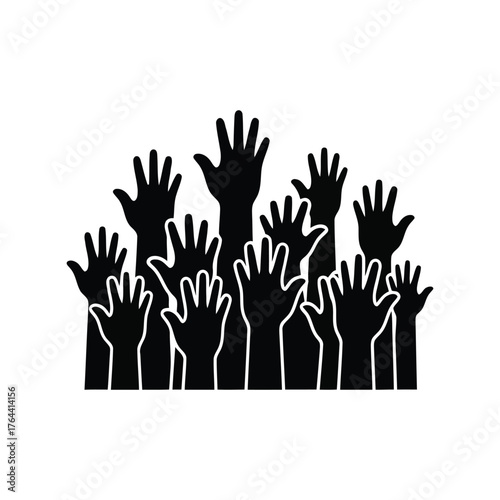 Many hands raised together unity teamwork support participation crowd cheering vector