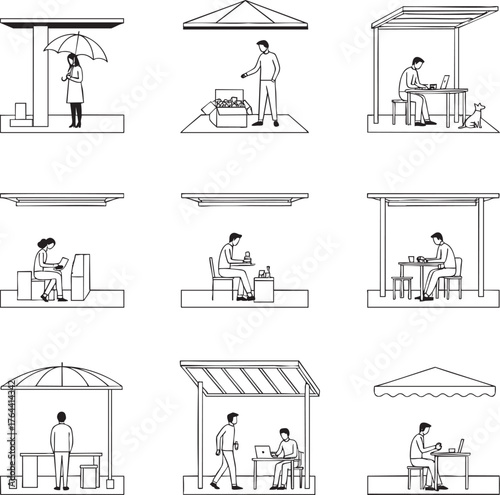 Set of minimalist line art drawings depicting people in various outdoor public settings like cafes and bus stops.