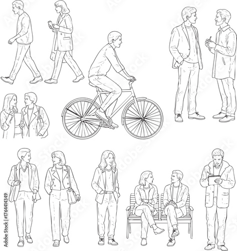 Set of handdrawn sketch illustrations of people in various casual poses and everyday urban activities.