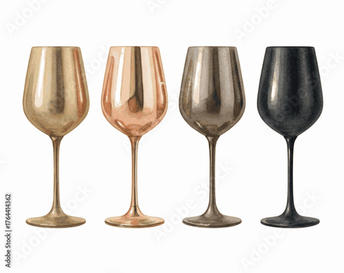 Gleaming Quartet Four Metallic Wine Glasses isolated watercolor vector illustration svg
