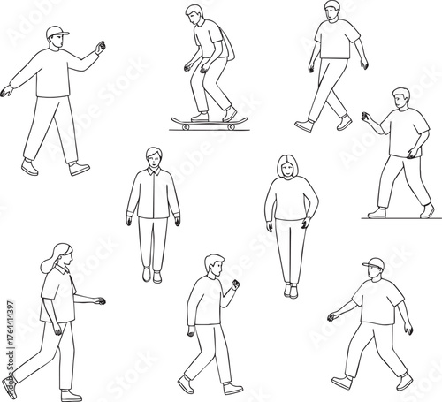 Set of minimalist line art illustrations of diverse people in various casual poses and activities.