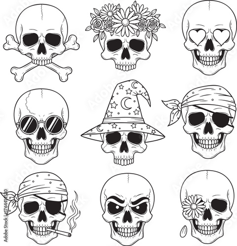Set of Nine Black and White HandDrawn Cartoon Skulls with Diverse Accessories and Expressions.