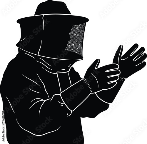 Beekeeper in protective suit and gloves gesturing with hands in silhouette for apiary work safety and bee farming agriculture concept vector