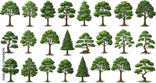 Tree illustration pack, 25 stylized trees, diverse foliage shapes, botanical vector set, nature icons, landscape design elements, green canopy, graphic