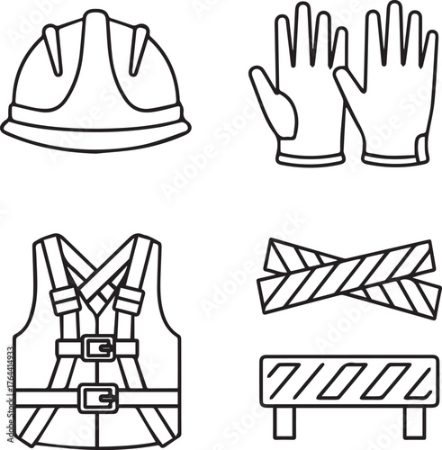 make Construction Safety Icons. Outline icon set of home construction safety helmet, gloves, safety harness, Block Line on white Background.